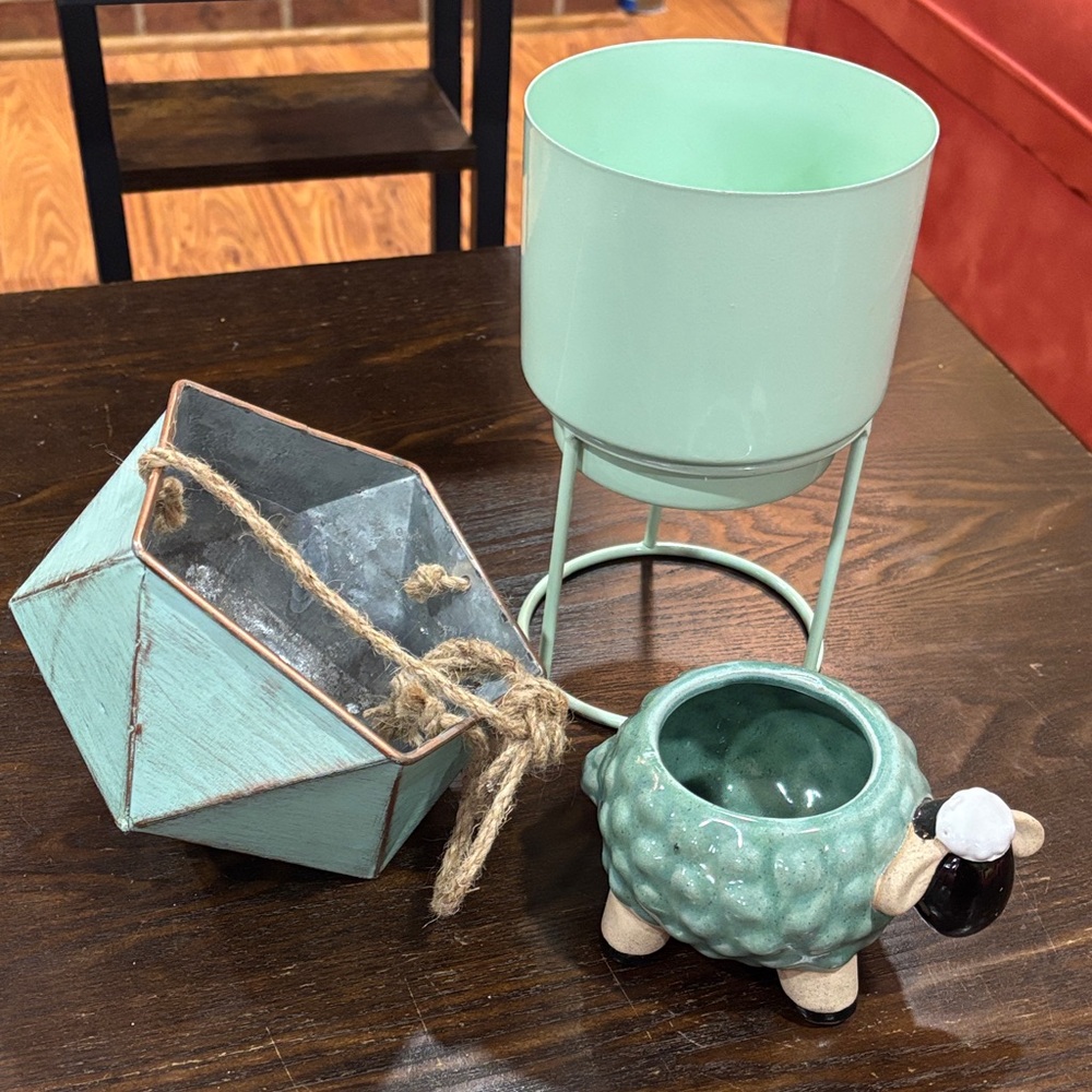 Decorative Mint Green Planter & Ceramic Sheep Accent Set